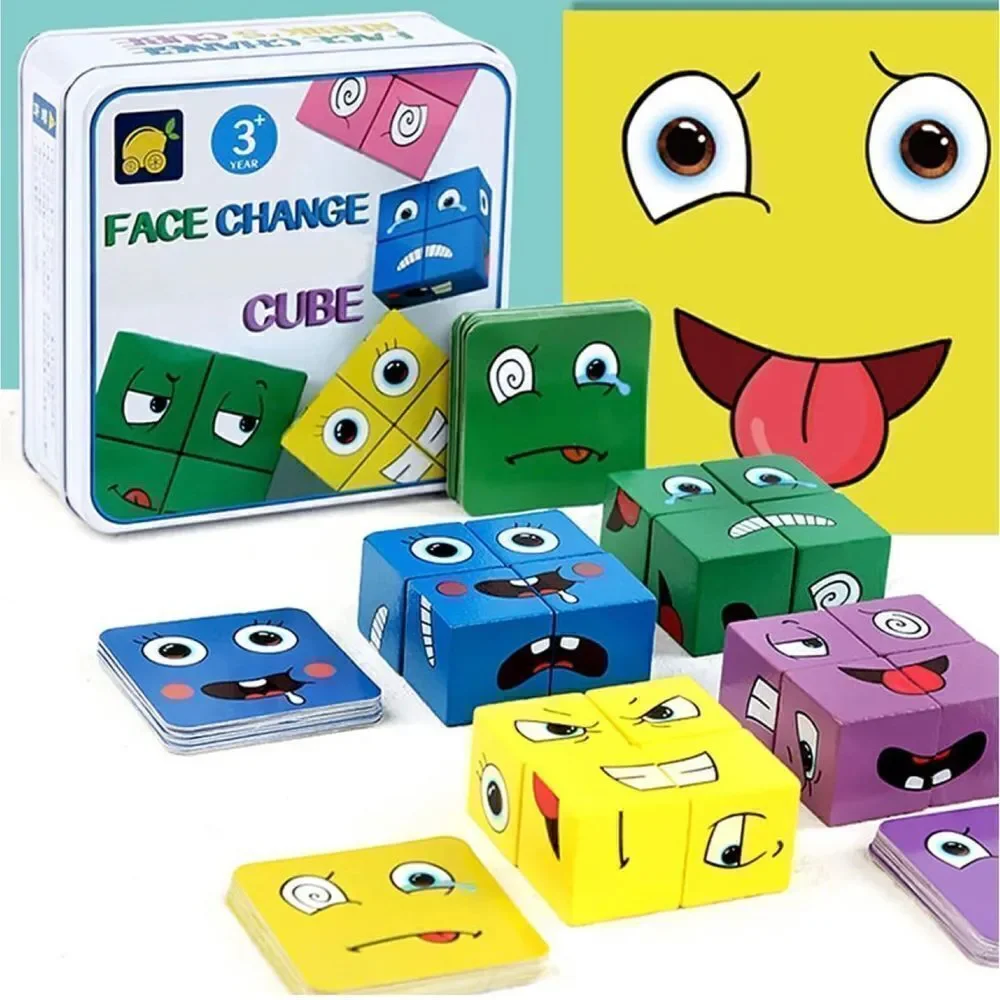 Face Change Cube Game, Wooden Expressions Matching Block Puzzles Building Cubes